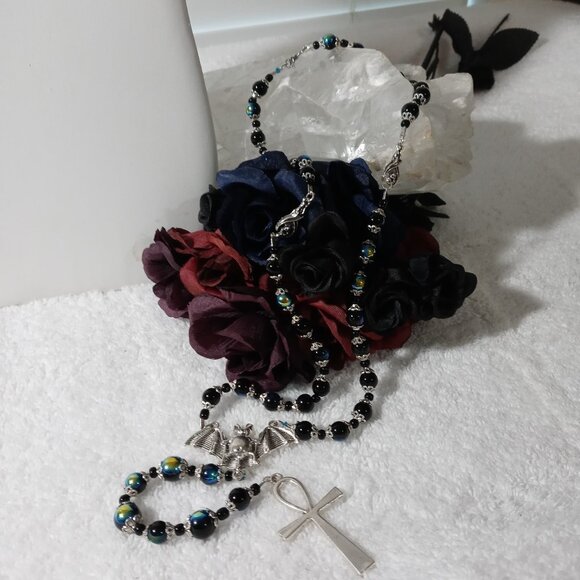 Gothic Ankh Necklace with Bat Charm Accents - Picture 1 of 9